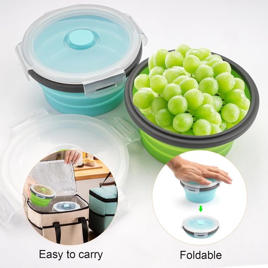 Opvouwbare ronde kom - 350ML - Draagbare lunchbox - Slakom - kom van siliconen - kom voor camping - Groente - Inklapbare Vershoudbakjes - voor keuken, camping, outdoor en picknick - 12*6.5cm - 2 Stuks - Groen+Blauw — afbeelding 4