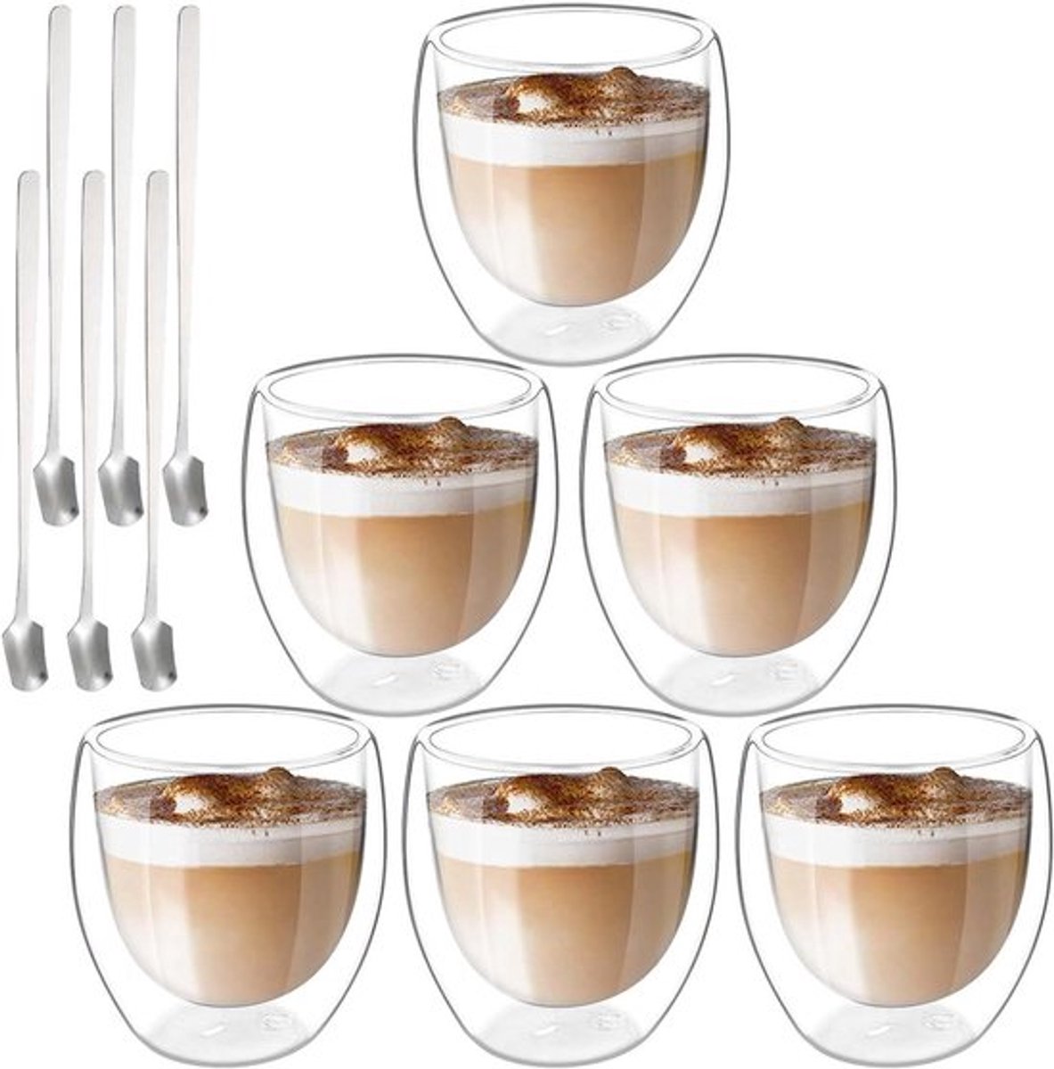 250 ml Latte Macchiato-glazen - Set van 6 dubbelwandige espressokopjes en lepels