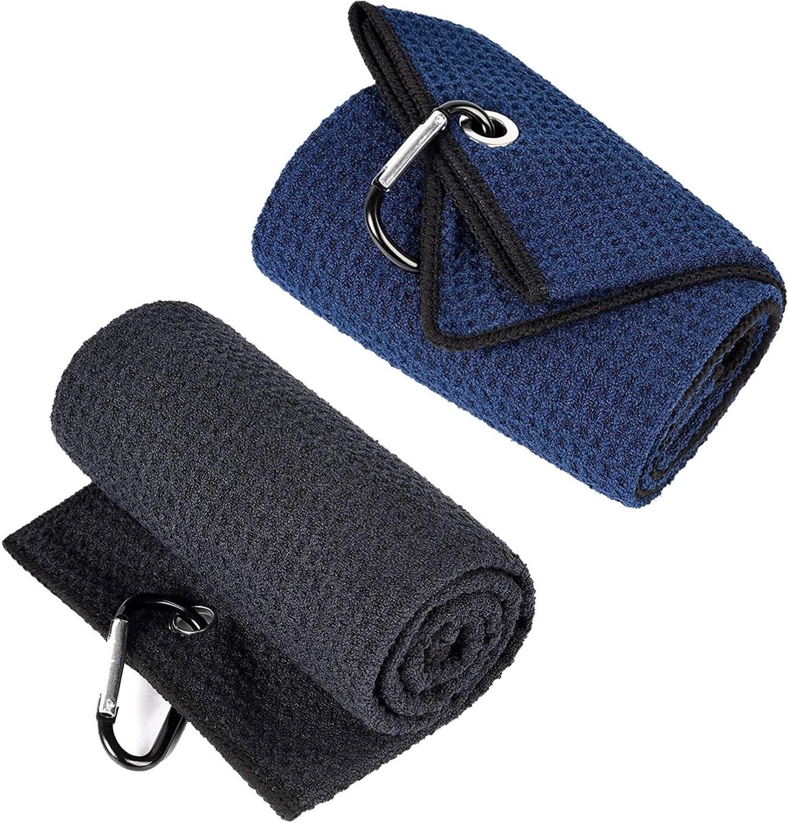 Golfhanddoeken van microvezel, 2 stuks, absorberend wafelpatroon, ideaal voor sport, outdoor en recreatie, zwart en marineblauw, met karabijnclip, 30 x 30 cm