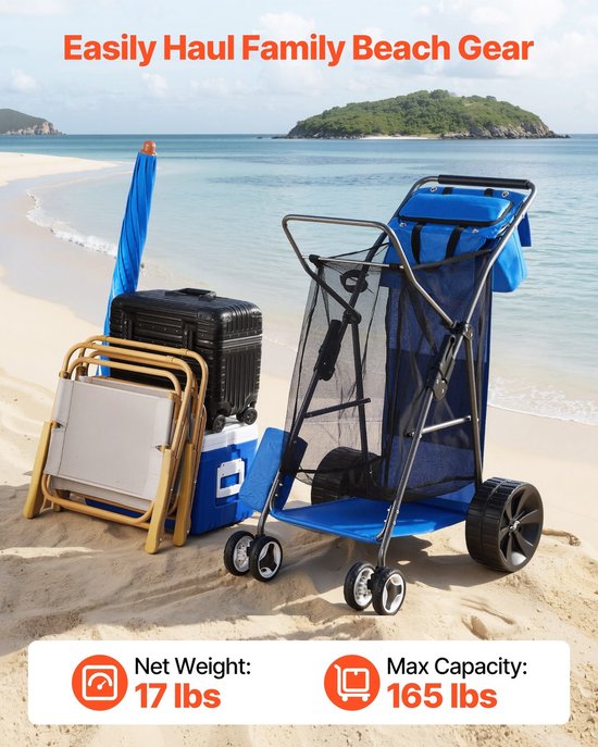 Strandtrolley / Bolderkar - Opvouwbare handkar - Massieve Rubberenen Wielen 25 cm - Geïsoleerde Koeltas - Parasolhouder - Draagvermogen 75 kg - Voor 4 Strandstoelen — afbeelding 4
