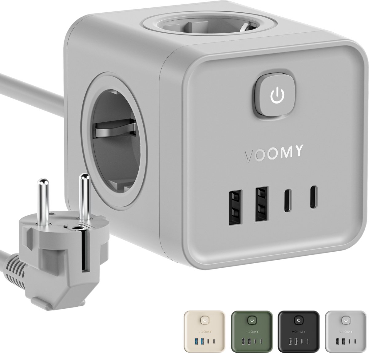 Voomy Stekkerdoos - 20W Snellader - USB-C & USB-A - 4 Stopcontacten - Aan/uit Schakelaar - 2M Verlengsnoer - Overspanningsbeveiliging - Grijs