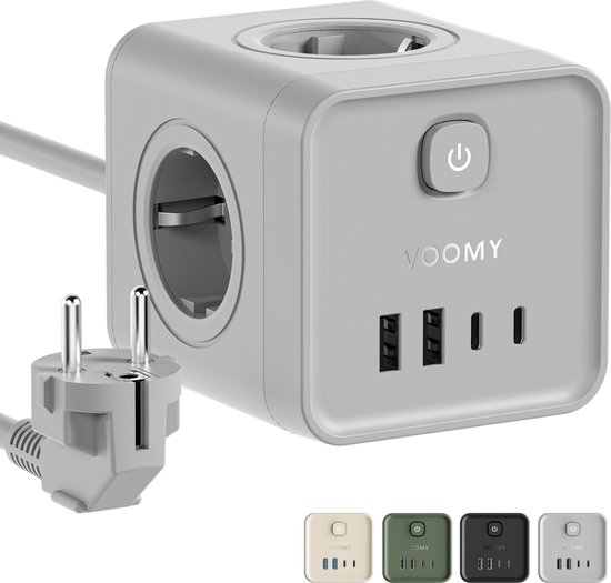 Voomy Stekkerdoos - 20W Snellader - USB-C & USB-A - 4 Stopcontacten - Aan/uit Schakelaar - 2M Verlengsnoer - Overspanningsbeveiliging - Grijs
