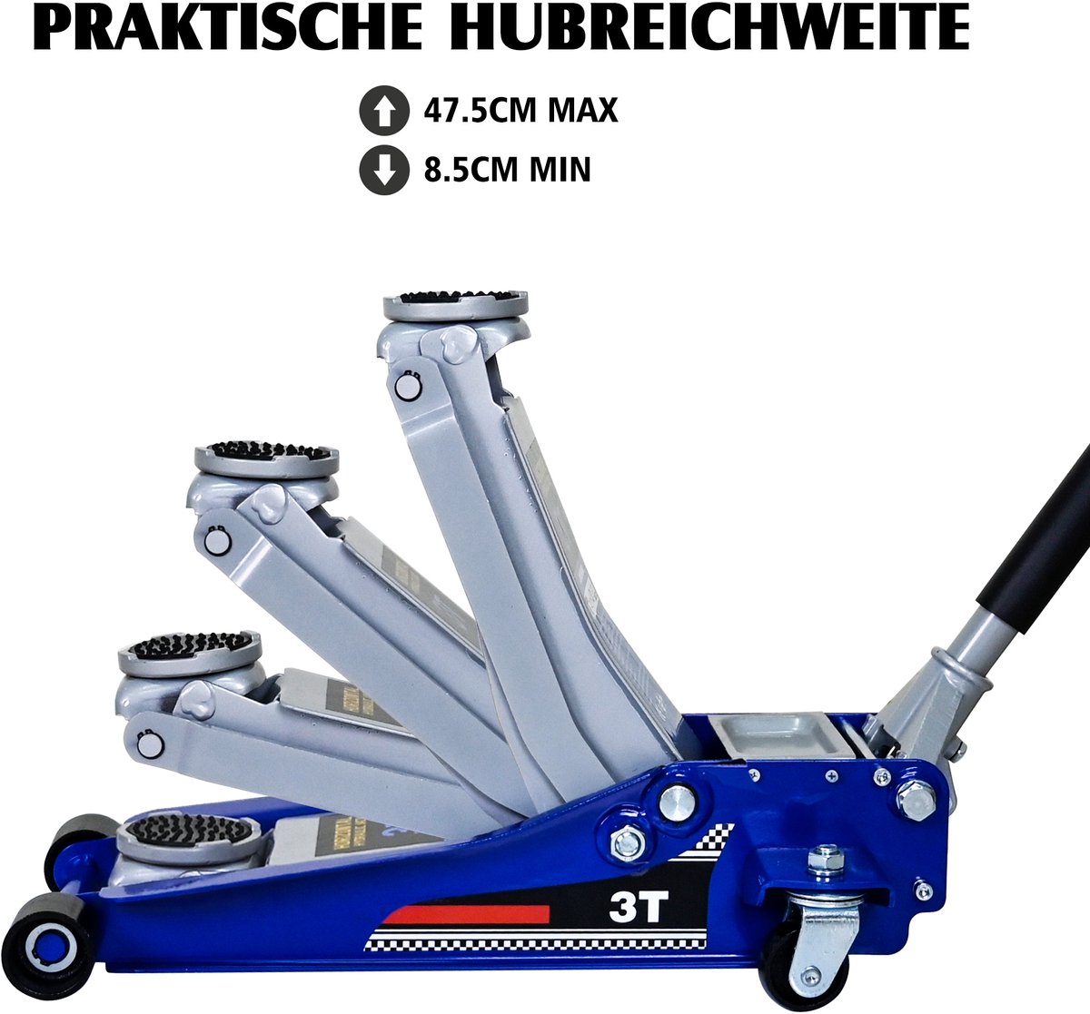 Re-purelife® hydraulische garagekrik 3 ton snelhef - autokrik van staal en aluminium - vloerkrik met dubbelpompsysteem en zwenkwielen - laag model blauw/zilver 63 × 33,5 × 15 cm
