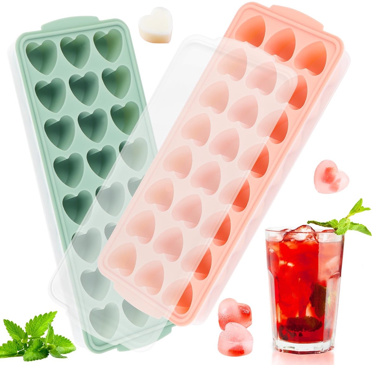Dailygoods - IJsblokjesvorm - Hartvormige Siliconen IJsblokjes - 2 Stuks met Deksel - Groen en Roze - Perfect voor Cocktails - Ideaal voor Feestjes