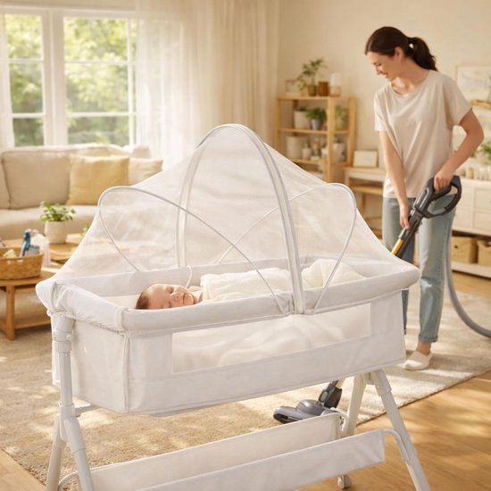 Een vrouw stofzuigt een woonkamer waar een baby slaapt in een wit babynestje met klamboe.