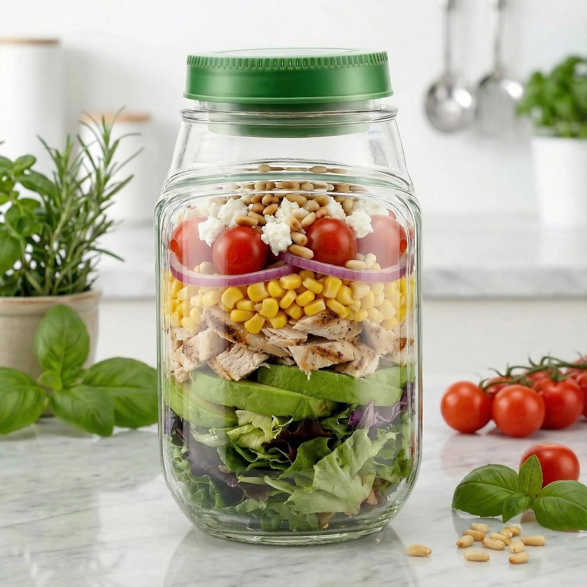 Salade Pot - Glazen Pot met Dressingvakje - Vaatwasserbestendig - Geschikt voor Thuis Kantoor en Reizen - Maaltijdvoorbereiding en Voedselopslag - 1 Stuk
