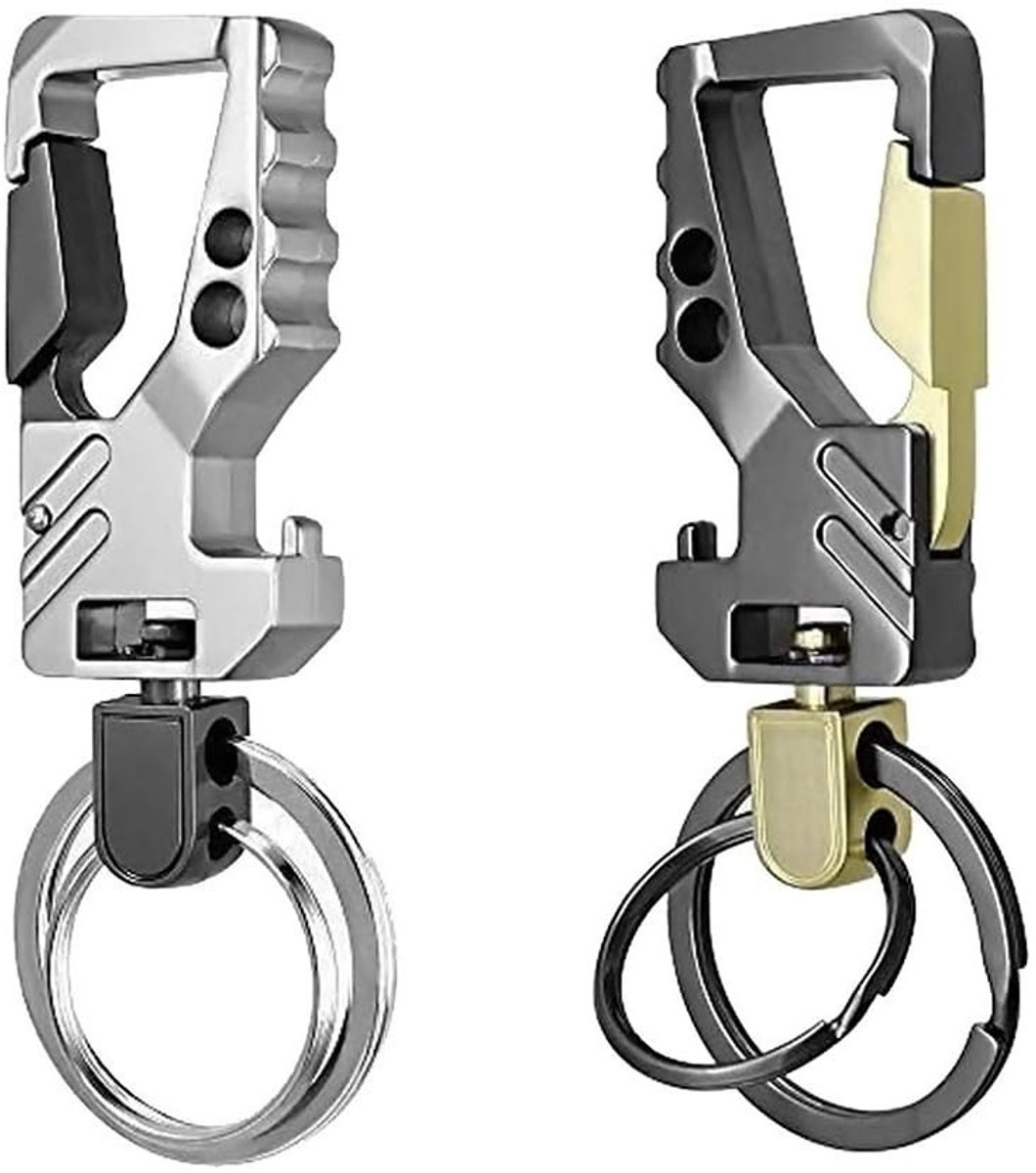 Dailygoods - Karabijnhaak Sleutelhanger - Sleutelhanger met Bierflesopener - Metalen Sleutelring - Zwart/Zilver - Uniseks - 2 Stuks
