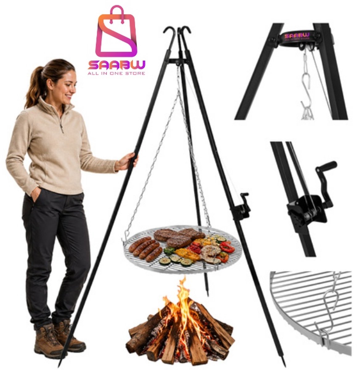 Driepoot Barbecue Grill 70 cm met RVS Rooster – Tuingrill met Hoogteverstelling voor Kampvuur en Buiten Koken – Hangende Grill op Statief 190 cm – Camping BBQ – driepoot barbecue – tripod grill – kampvuur grill – zwart – 63887