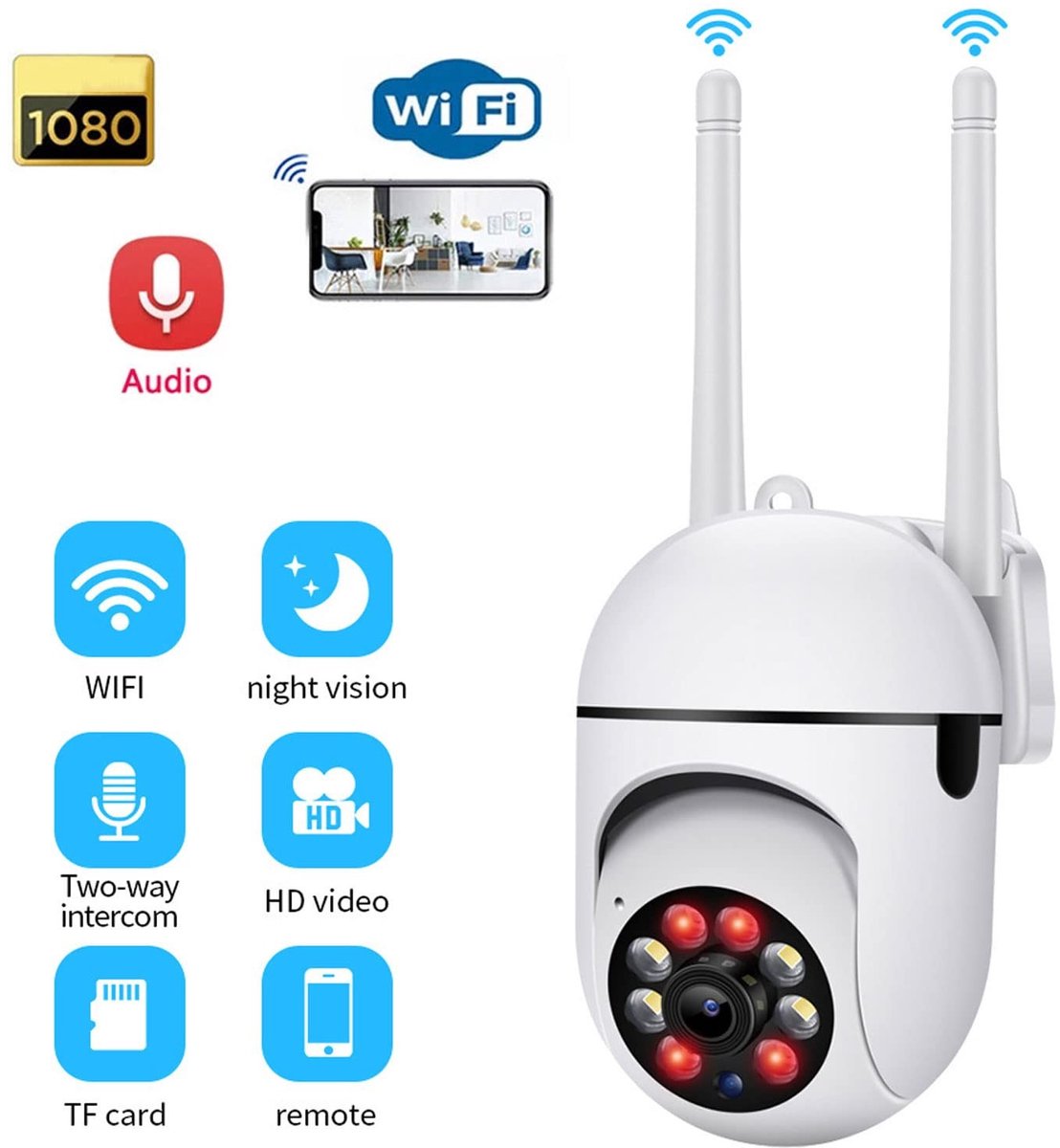 Dailygoods - Draadloze Beveiligingscamera - 1080 HD - Nachtzicht - Bewegingsdetectie - Wifi-bewakingscamera - Beveiliging voor Thuis