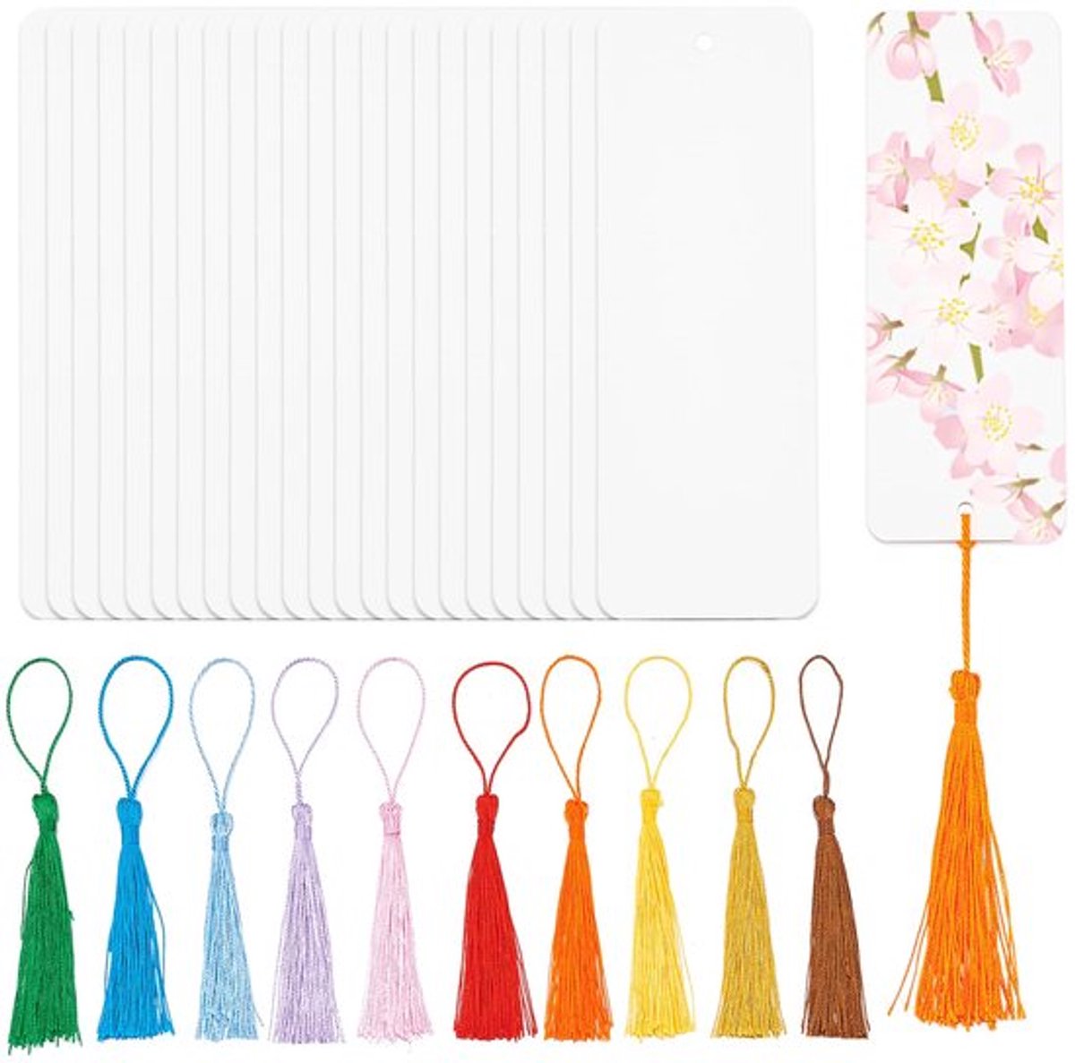 50 sets aquarel papier bladwijzers met kwastjes, blanco boekenleggers maken kit, zwaargewicht aquarel papieren kaarten met gat voor doe-het-zelf handwerk 13,5 x 5,5 cm