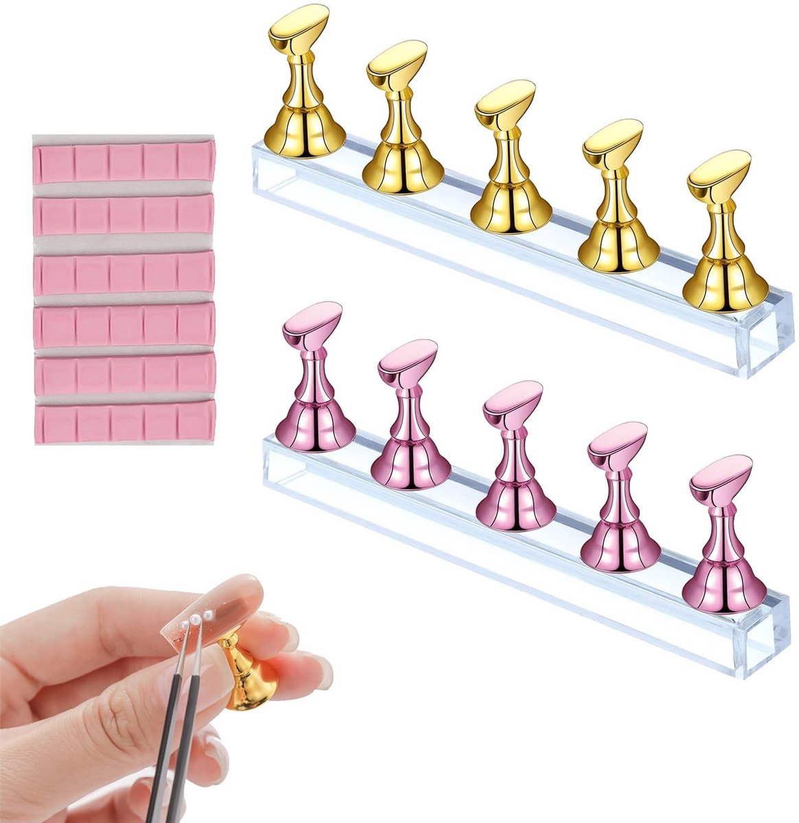 Elzusha - Acrylstandaards voor Nagels - Magnetische Houder voor Kunstnagels - Gouden en Roze - Nagel Display Stand - Oefening Standaard voor Nagelk...