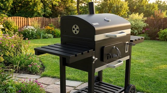 Houtskool BBQ Grillwagen XXL - Staande Barbecue met Deksel & Thermometer, 2-in-1 Grill & Smoker, In Hoogte Verstelbare Kolenbak, Gietijzeren Rooster, Warmhoudrooster, Zijtafels & Accessoires - House&Garden Pro BBQ Station XXL - 153x73x137 cm (Zwart) — afbeelding 5