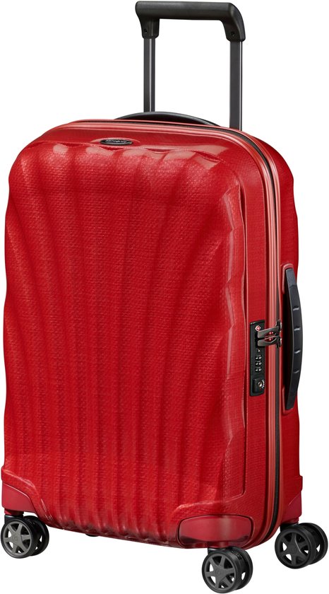 Rode Samsonite C-Lite handbagage koffer met textuur, handvat, cijferslot en vier wieltjes.