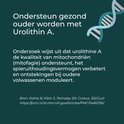 Tekst 'Ondersteun gezond ouder worden met Urolithin A.' met DNA-icoon en uitleg over mitochondriale ondersteuning.