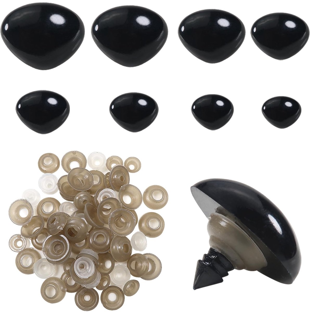 Dailygoods- Veiligheidsneuzen 33 stuks - Zwarte Driehoekige Neus - Kunststof - Maten 9/11/15/18/20/23/26/29 mm - Sluitringen - Ideaal voor Poppen - Poppenneuzen