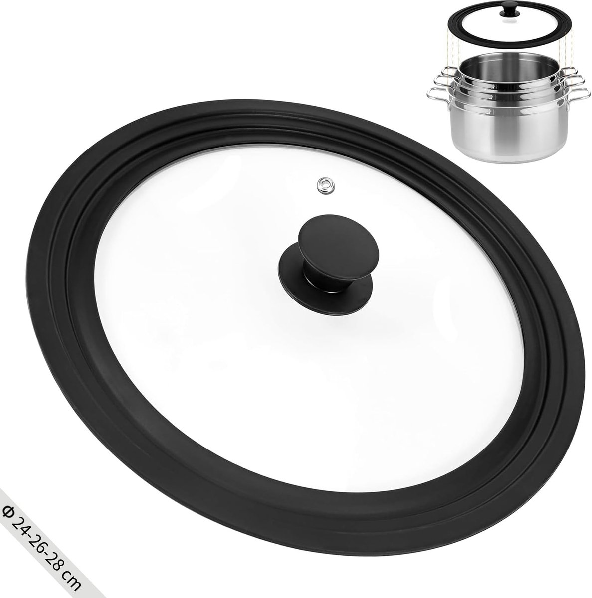 Dailygoods- Deksel 3-in-1 Universeel - Deksel 24/26/28 cm - Siliconen Rand - Hittebestendig - Gehard Glas - Geschikt voor Pannen/Potten - Pannendeksel
