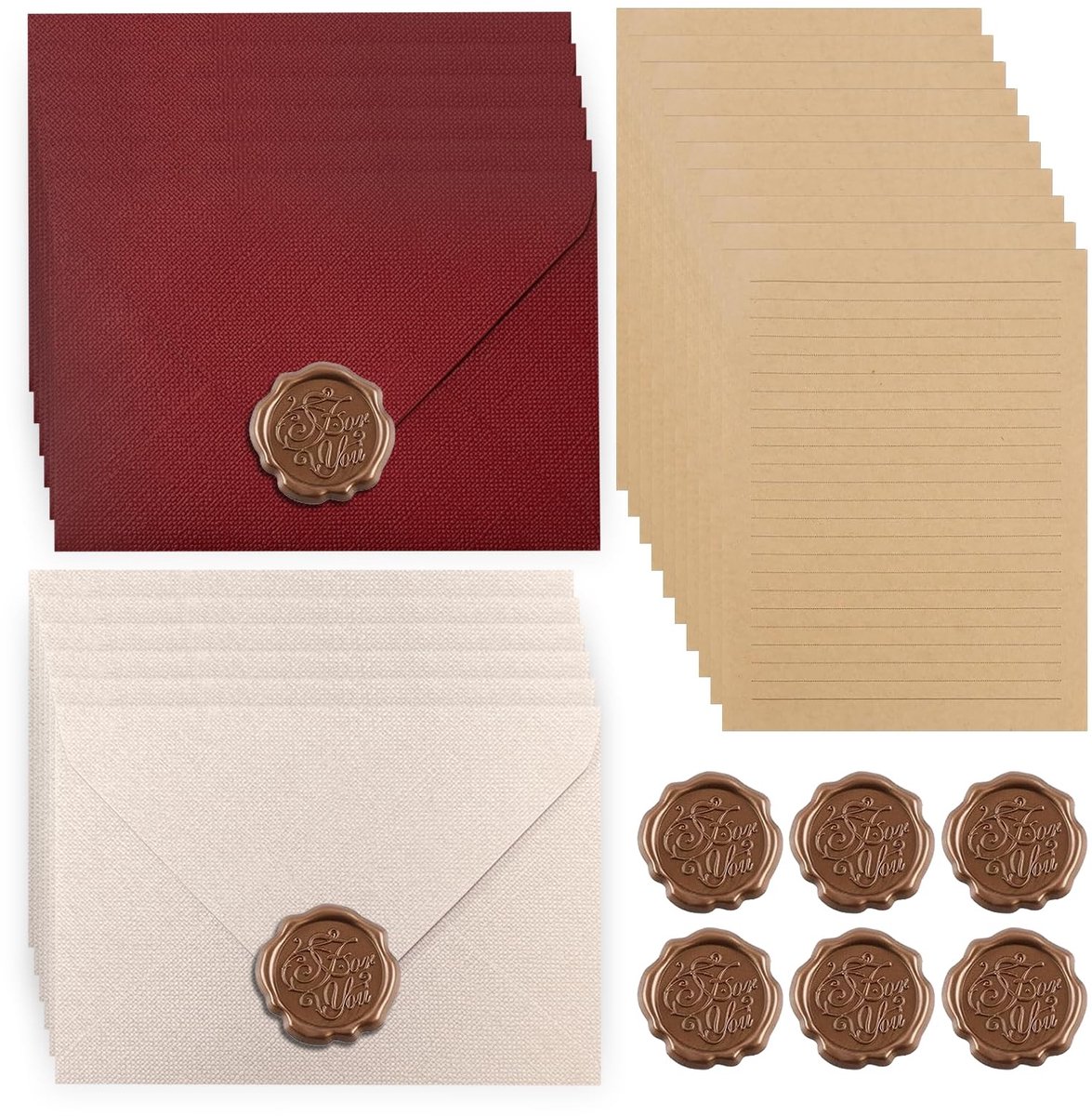 Dailygoods- Briefpapier Vintage - 22 Stuks - Enveloppen/Waszegels - A5 Formaat - Kraftpapier - Papierset voor Bruiloft/Verjaardag