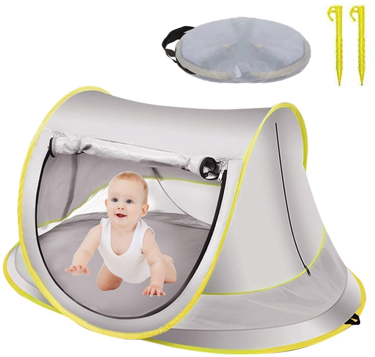 Dailygoods- Strandtent UV-bescherming UPF 50+ - Opvouwbaar - Draagbaar - Muggennet - Grijs - Materiaal 210T polyesterweefsel - Tent