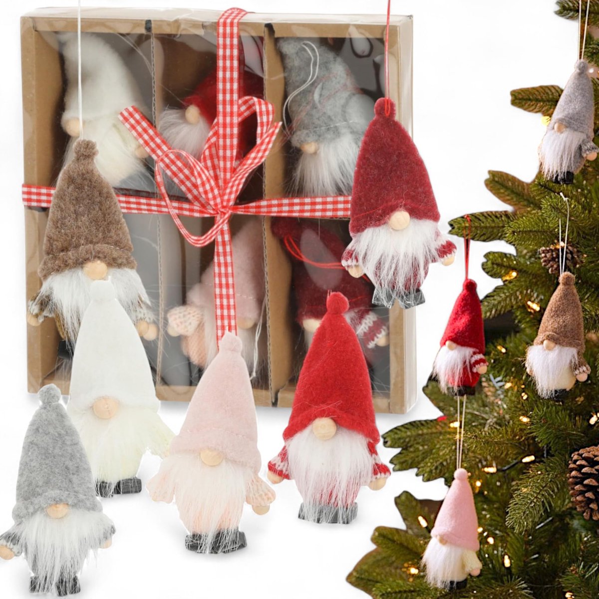 Dailygoods- Kerstkabouters Set van 6 - Handgemaakte Boomversiering - Schattige Decoratie - 10 cm - Polyester - Perfect voor Adventskrans/Cadeauhangers - Kerstdecoratie