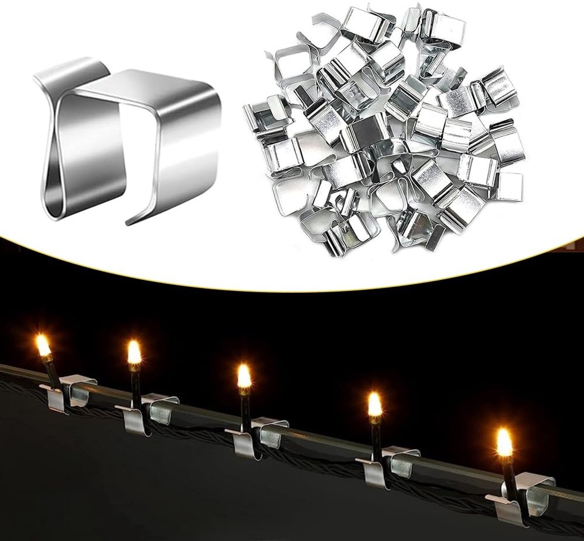 Dailygoods - RVS Lamp Haakjes - 50 Stuks - Voor Buiten- en Binnenverlichting - Kerstlicht Clips - Verlichting en Decoratie - Ideaal voor Feestdagen -...