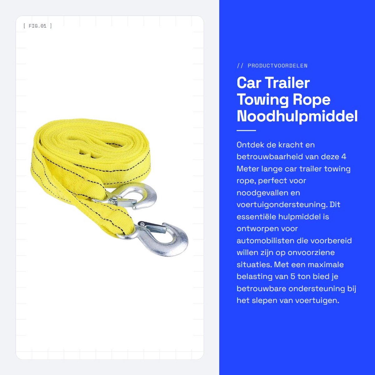 Dailygoods- Sleepkabel 4 Meter - Max. Belasting 5000 kg - Nylon Band - Gesmeed Ijzer Haken - Noodhulpmiddel - Lichtgewicht 465g - Trekriem