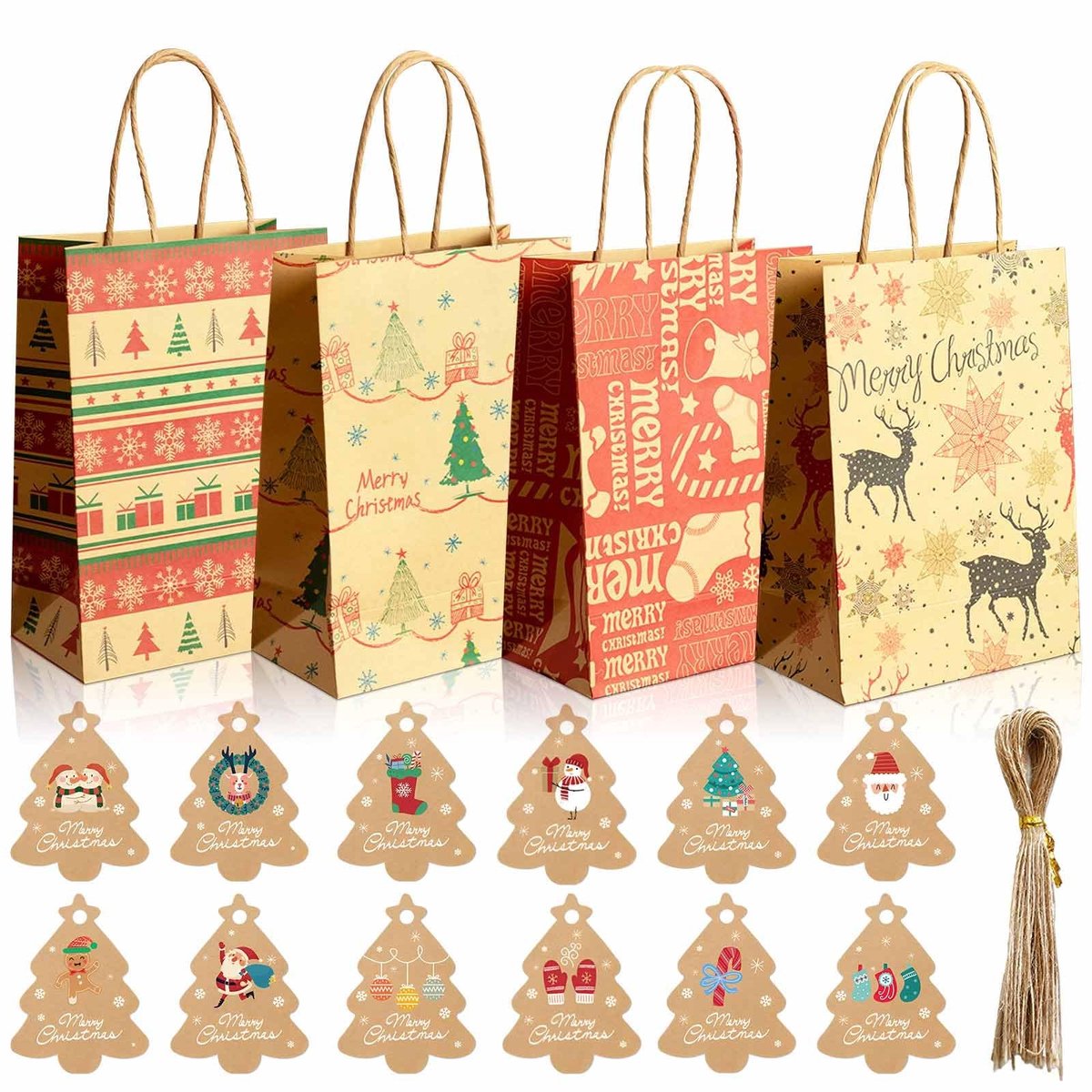Dailygoods- Geschenkzakjes kerstpapier 12 stuks - Papieren zakjes met handvat - 4 stijlen - Afmetingen 21 x 15 x 8 cm - Inclusief 48 etiketten - Kraftpapier - Cadeauzakjes