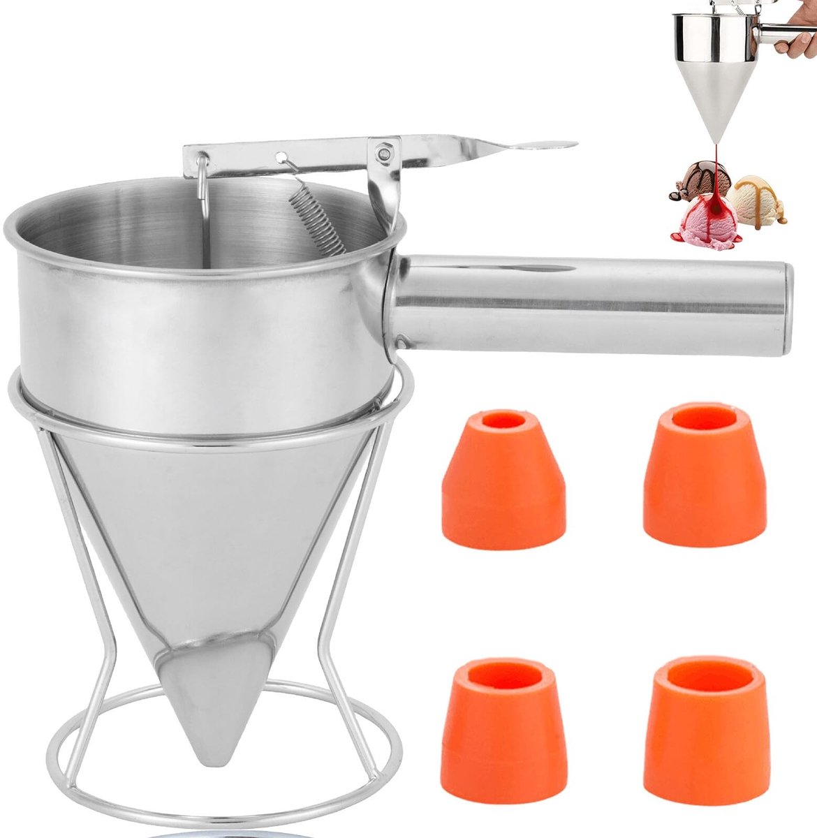 Dailygoods- Pannenkoekdeeg Doseerder - Handmatige Dispenser - Roestvrij Staal - 1,2 L - Inclusief 4 Siliconen Sproeiers - Krasbestendig - Deegdispenser