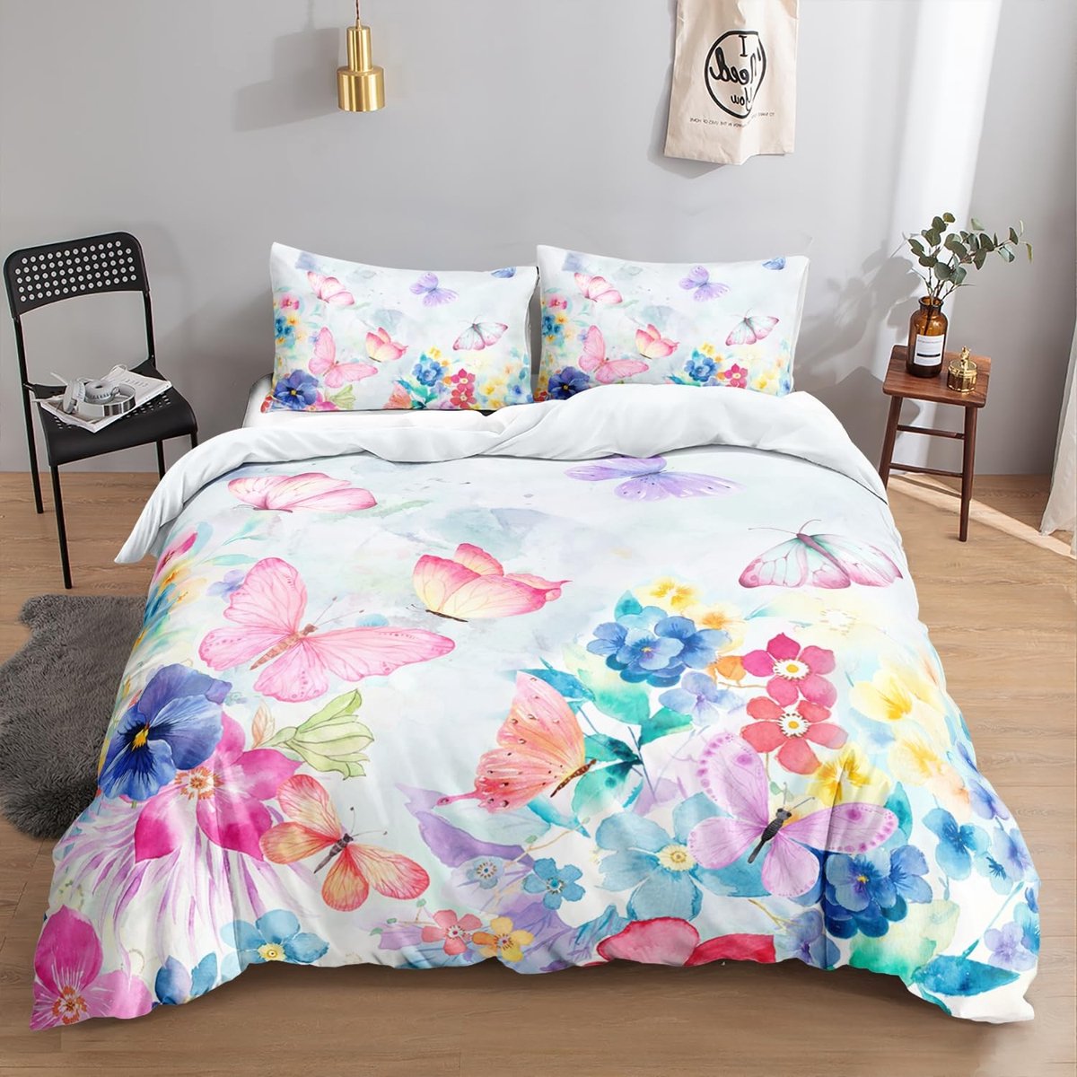 Dailygoods- Beddengoedset 135 x 200 cm - Dekbedovertrek/kussensloop - Aquarelvlinderpatroon - 100% microvezel - Machinewasbaar - Geschikt voor meisjes/jongeren/adulten