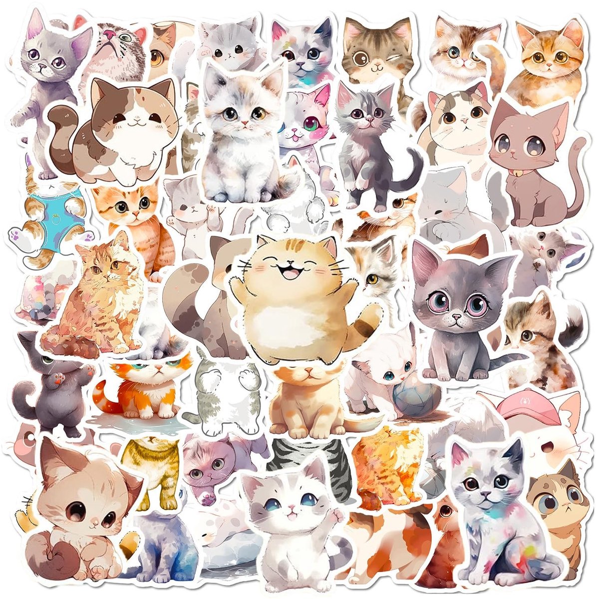 Dailygoods- Stickers 50 Stuks - Waterdichte Cartoonstickers - Kattenstickers - Schattig voor Feestjes - Zelfklevend - Verschillende Maten - Decoratiestickers