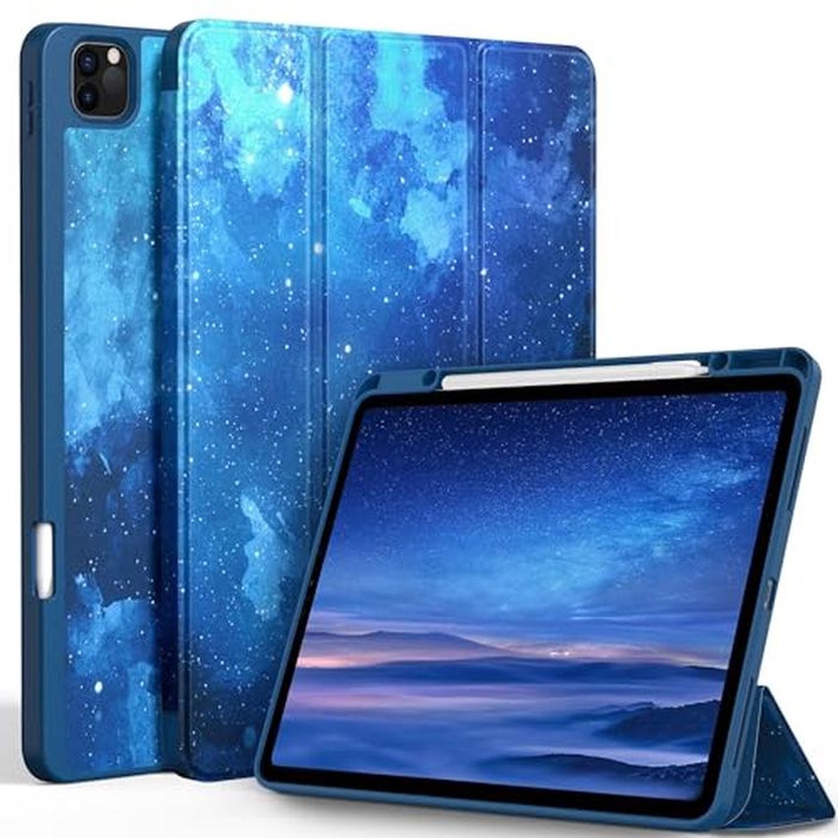 Tablethoes - Beschermhoes - Tablet Bescherming - Met Penhouder - 129 inch - Blauwe Sterrenhemel