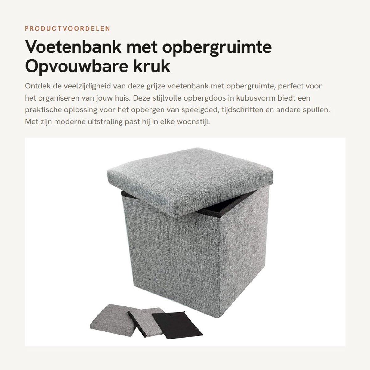 Dailygoods- Voetenbank met opbergruimte - Opbergdoos met deksel - Opvouwbare hocker - Poef - Kubusopbergruimte - Grijze voetenbank met gevoerd deksel