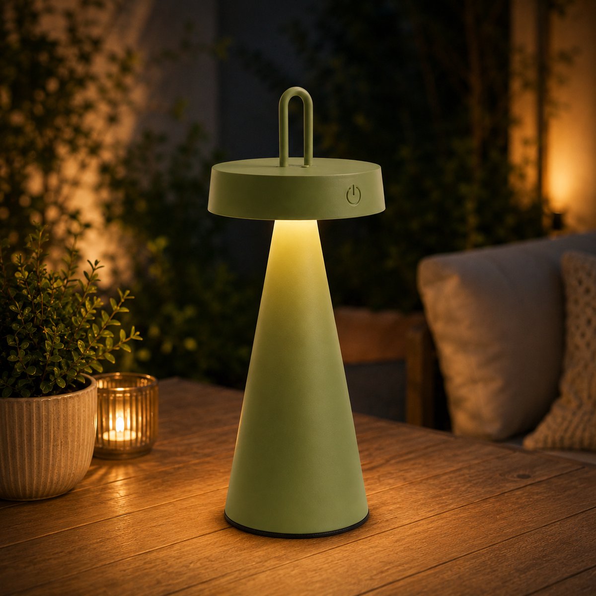 Oplaadbare LED Buiten Tafellamp & Hanglamp Olijfgroen – Dimbaar – USB-C – IP44 Waterdicht – 7 Uur Brandduur – Aluminium – Warm Wit 2700K