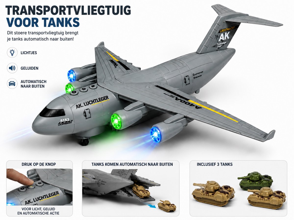 DIDAI Army Plane`- Transport vliegtuig met 3 tanks - licht - geluiden - rijden 36CM (incl. batterijen)