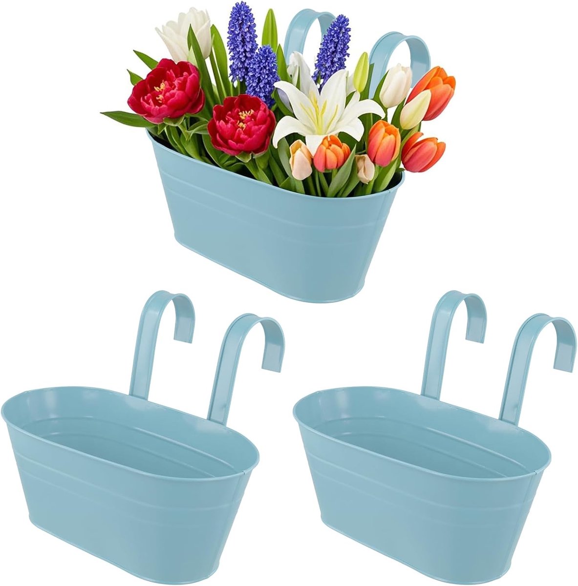 Allecta - Set van 3 metalen hangende bloempotten voor balkon en tuin - Blauwe decoratiepot met afneembare haken - 28 cm - Geschikt voor reling en hek - Woondecoratie