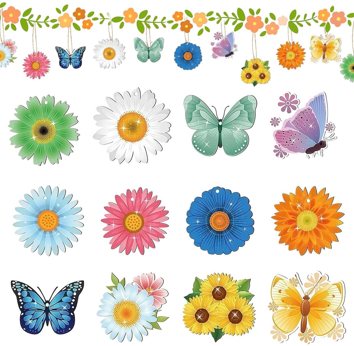 Dailygoods- Lentedecoratie 24-delige set - Houten Hangers - Raamdecoratie - Hangende Vlinderdecoratie - Bloemen - Natuurgetrouwe vormen - Decoratie