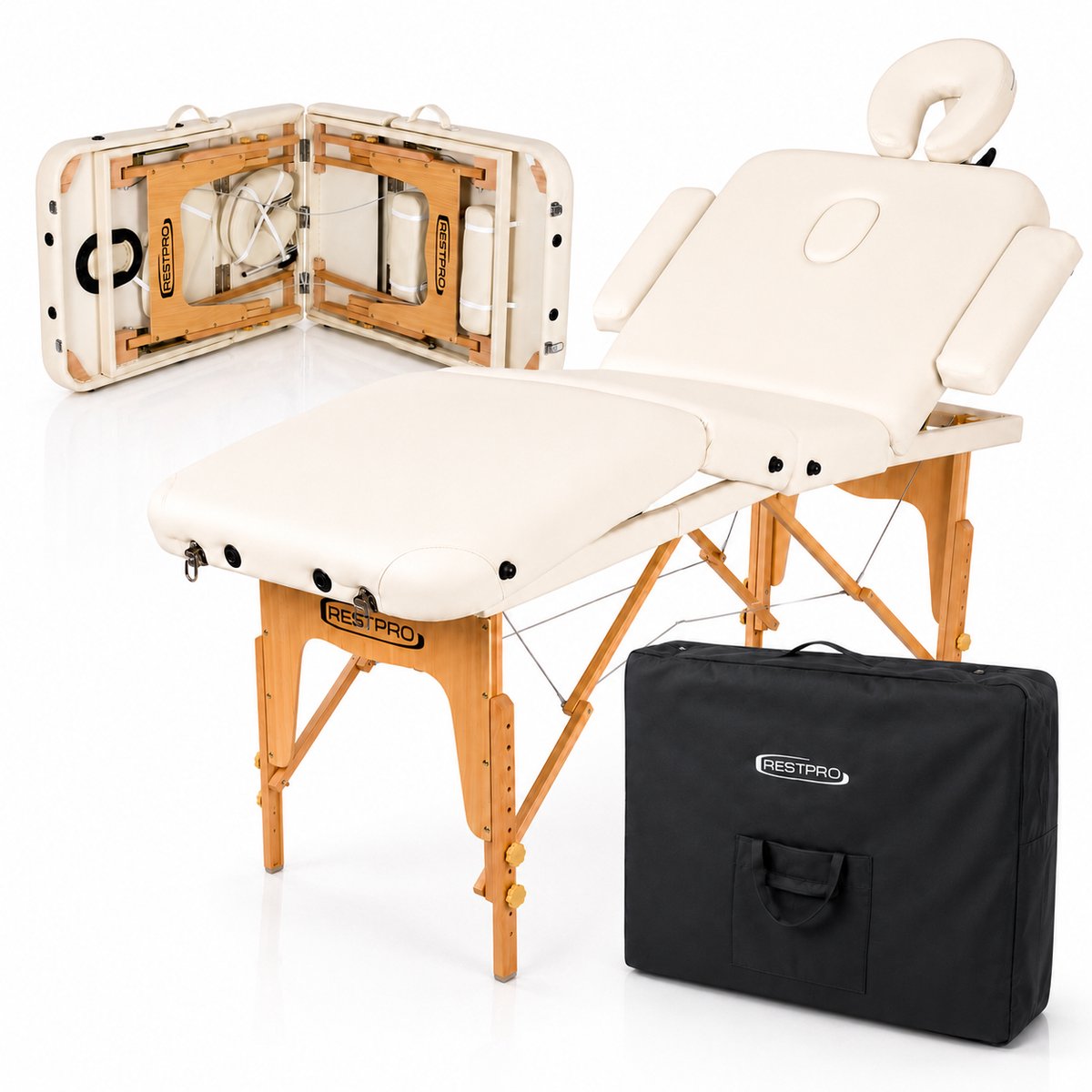 RESTPRO Opvouwbare Massagetafel VIP 4 crème - 4 zones - PU leer