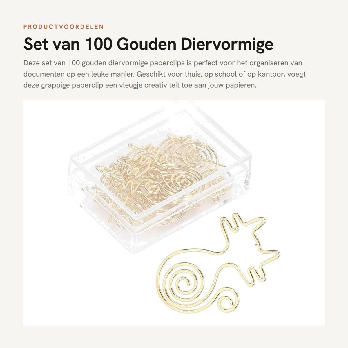 Dailygoods- Paperclips Goud 100 Stuks - Diervormige Paperclips - Grappige Paperclips - Kleine Paperclips - Metalen Clips - Duurzaam Metaal - Kantoorclips