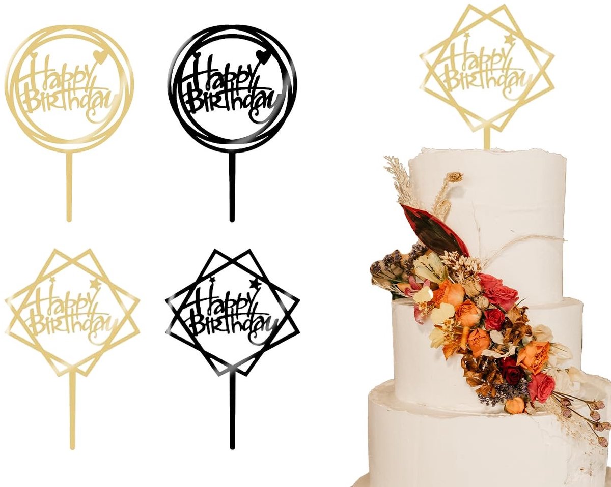 Dailygoods- Taartdecoraties Set van 4 - Verjaardagsdecoratie - Taarttoppers - Happy Birthday - Goud/Zwart - Comfortabele winkelervaring
