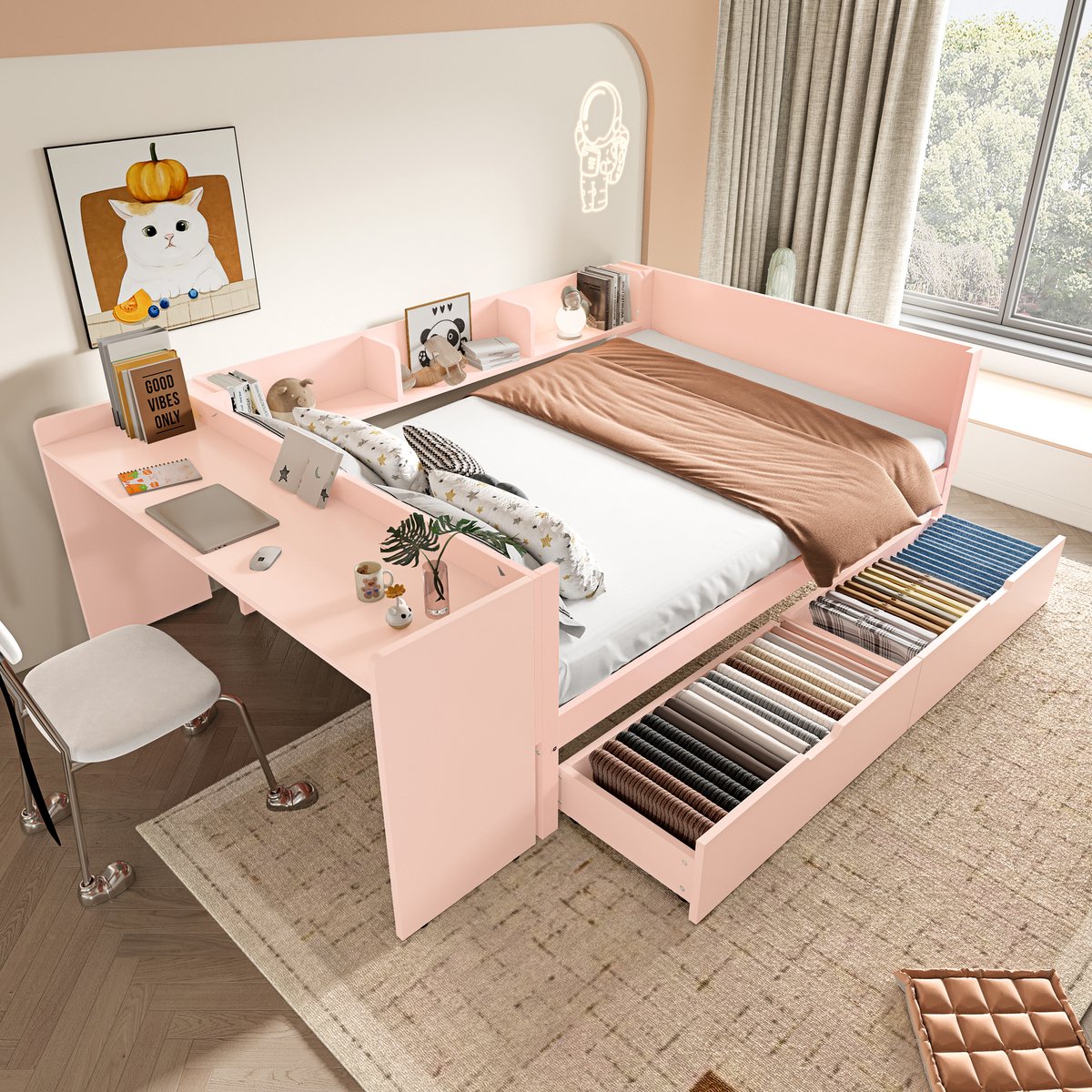 DESMIU Bed 140x200 cm – Met Bureau En 3 Planken – Geïntegreerd Werk- En Slaapontwerp Met 2 Opberglades – Voor Kleine Ruimtes – Zonder Matras – Roze