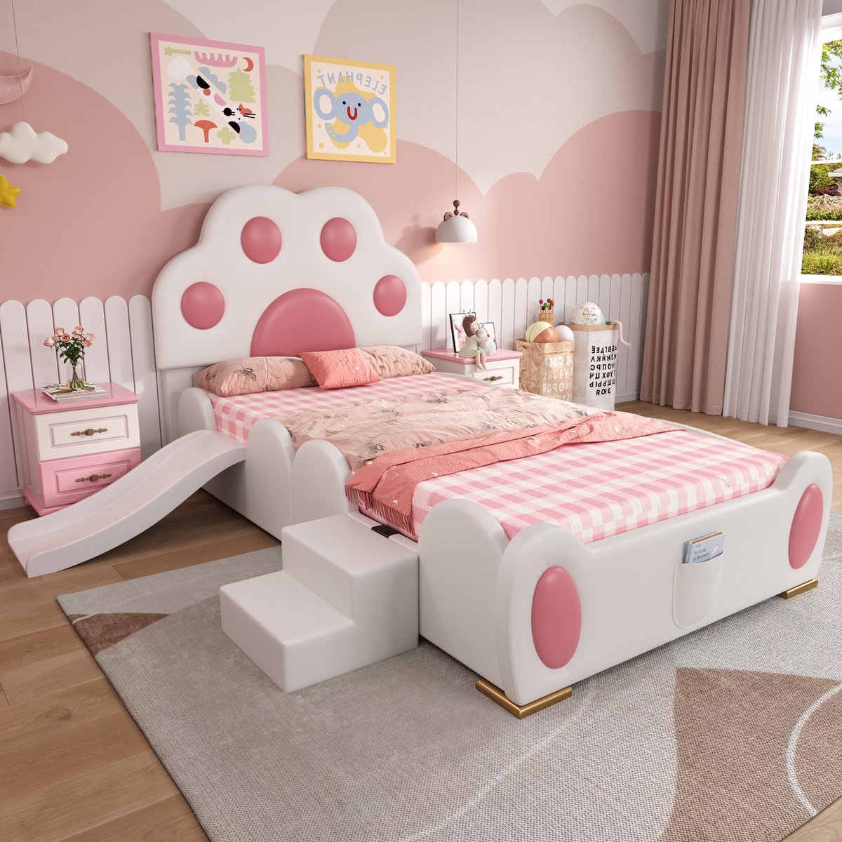 DESMIU Kinderbed 90x200 cm – Kattenpoot-Hoofdbord – Met Glijbaan En Tweestapstrap – Met Voetvak – Voor Kinderkamer – PU – Roze Wit – Zonder matras