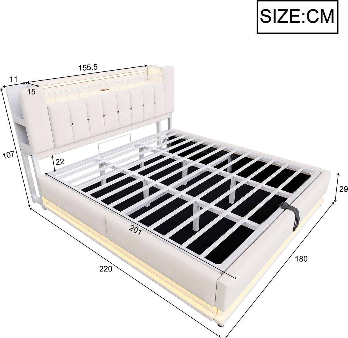 DESMIU Gestoffeerd Bed 180x200 cm – Met Ledverlichting En Usb-Aansluitingen – Hydraulische Opbergruimte En Hoofdbordvak – Voor Slaapkamer – Fluweellook – Beige – Zonder Matras