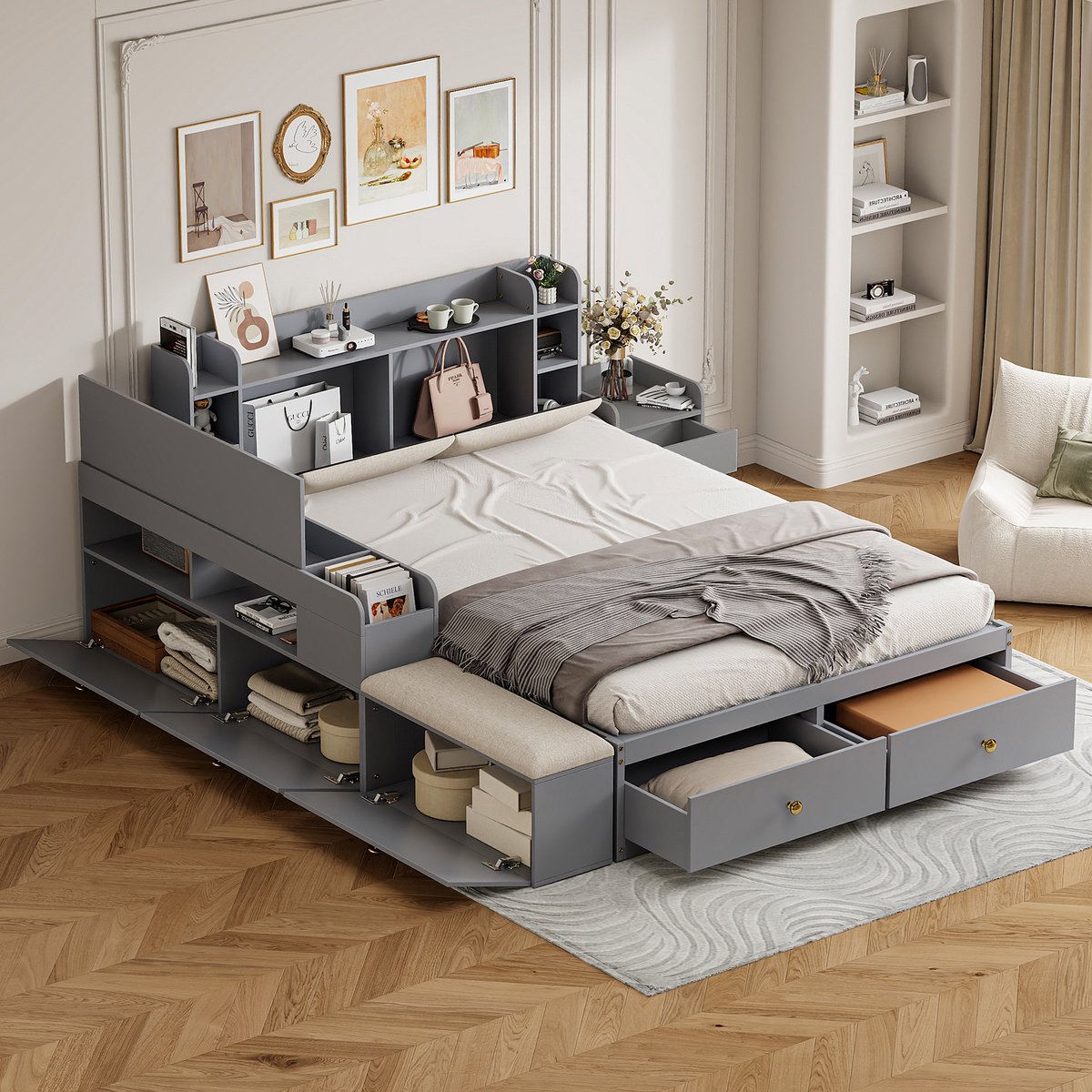 DESMIU Massief Houten Bed 140x200 cm – Gevoerd Hoofdbord Met Opbergvakken – Met Lades En Opbergmeubels – Voor Slaapkamer – Moderne Stijl – Grijs – Zonder Matras