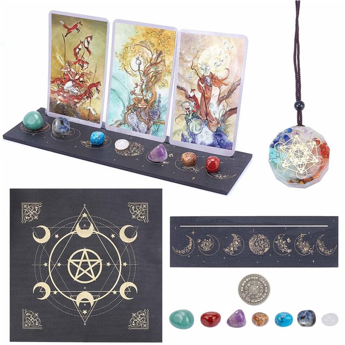 JHUBERS - Tarot Card kit - Houten Tarot Kaarthouder - Altaar Tafelkleed - Chakra Hanger Ketting - Edelsteen Accessoires - Geschikt voor Beginners -...