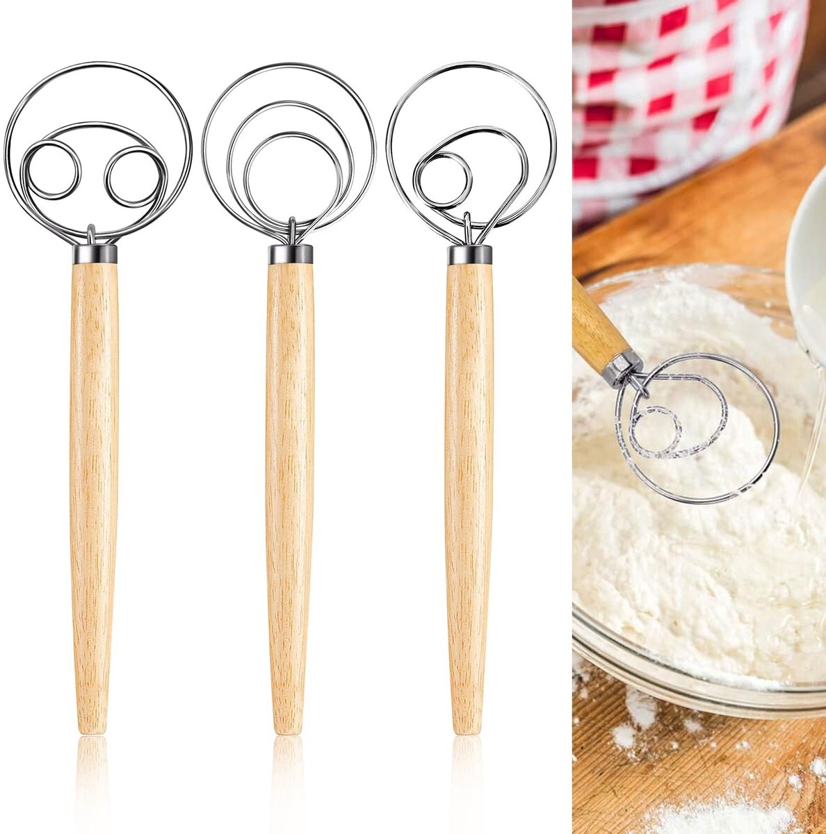 Dailygoods- Deeg Garde 33 cm - Deense Deegbezem - Mixer 304 Roestvrij Staal - Houten Handvat - Voor Broodcake/Gebak - Geschikt voor Hoge Temperaturen - Deegmixer