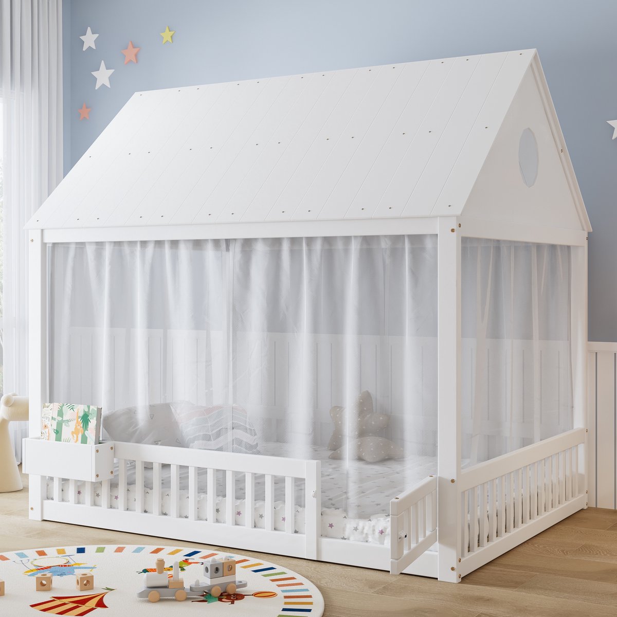DESMIU Kinderbed 140x200cm – Sfeervol Bed Met Raam- En Dakdetails – Met Kleine Opbergruimte – Voor Kinderkamer – Grenenhout, MDF En Triplex – Wit – Zonder Matras