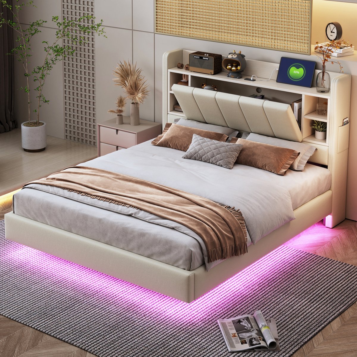 DESMIU Gestoffeerd Bed 140x200 Cm Met Led Lichtstrip En Usb Aansluiting - Hoofdbord Met Opbergvakken En Planken - Voor Slaapkamer En Jeugdkamer - Linnenlook - Beige - Zonder Matras