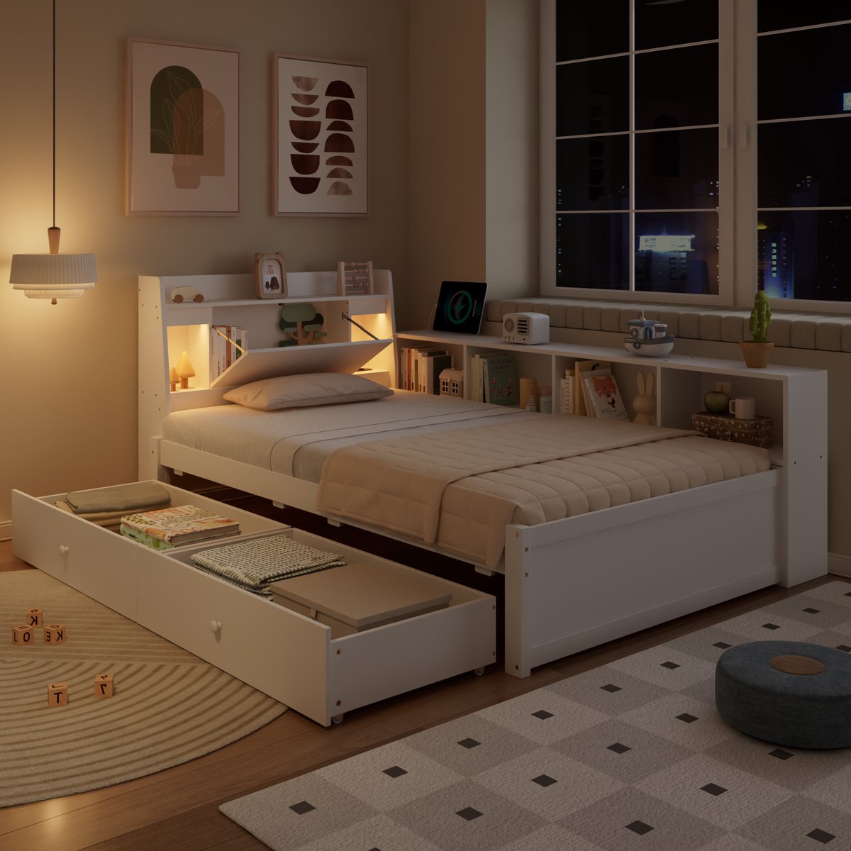 DESMIU Eenpersoonsbed 90x200 cm – Hoofdbord Met Plank, Verlichting En Oplaadpunt – Met Kasten En Lades – Voor Slaapkamer – Houtlook – Wit – Zonder Matras