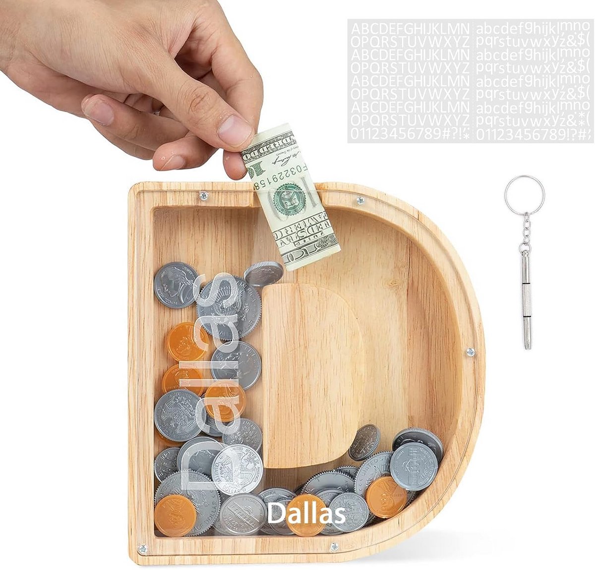 Houten Letter Spaarpot - Geldkistje Kinderen - Sparen Leren - Zichtbaar Geld - 18 cm Hoog - Natuurlijk Hout
