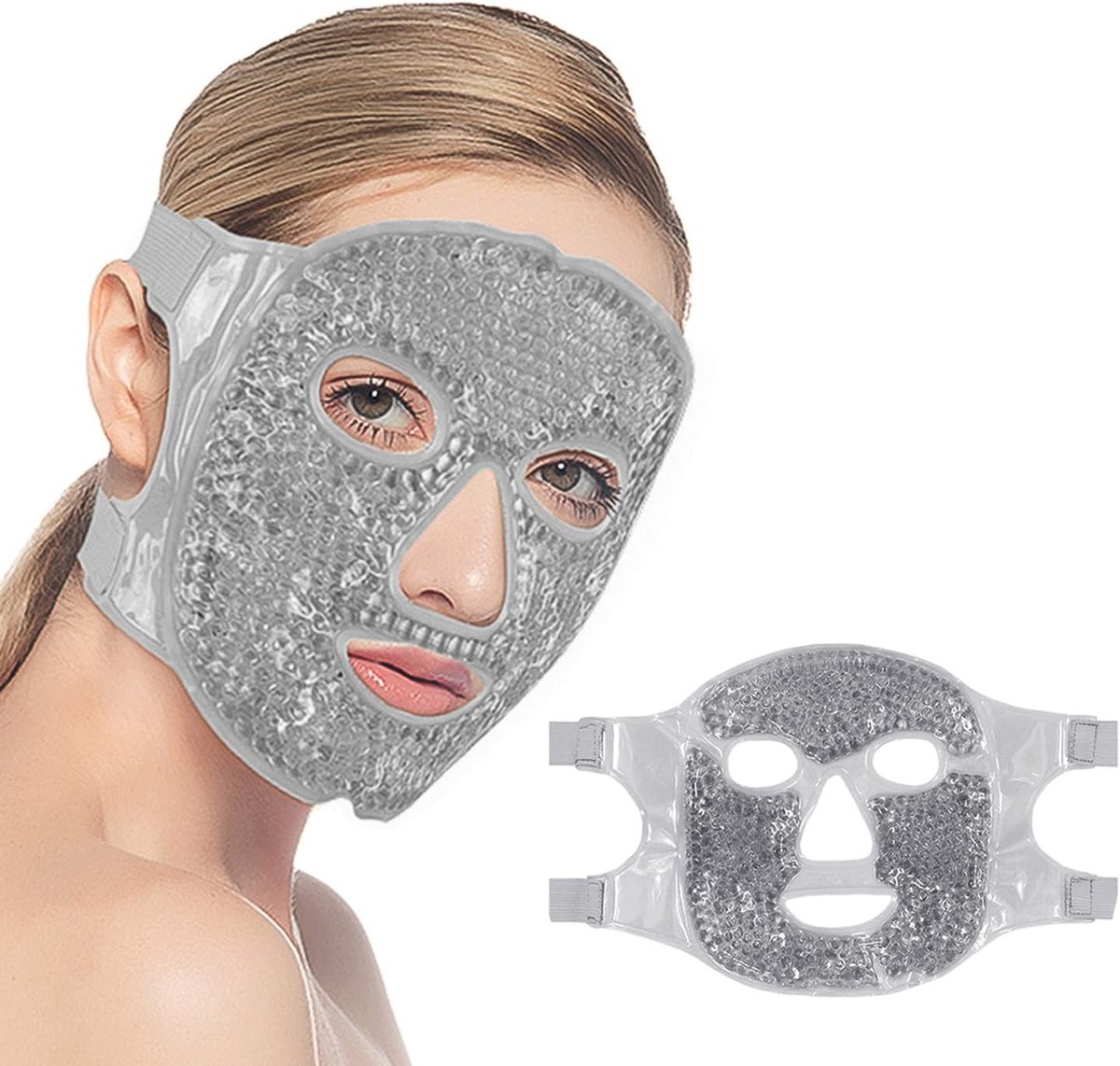 Koelmasker Gezicht - Gezichtsmasker Oogmasker - Ontspanning Thuis - Herbruikbaar Gelparels - 23.6 x 18.5 cm - Grijs