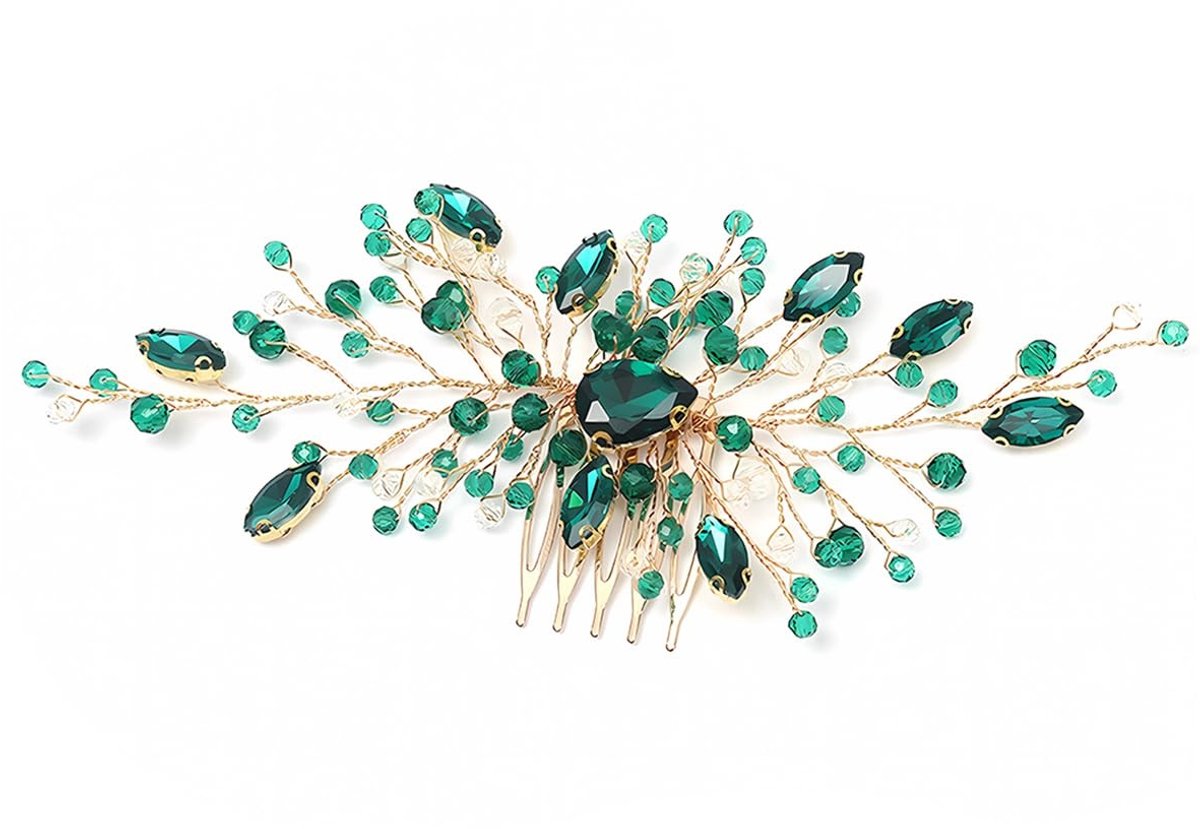 Dailygoods- Haarkam Bruid - Gouden Wijnbladeren - Groene Strass-steentjes - Haaraccessoires - Lichtgewicht - Hoogwaardige Legering - 17 x 7 cm - Haaraccessoire